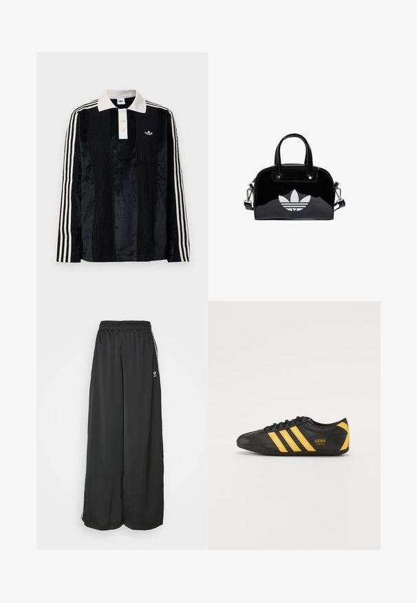 Sort fløjl langærmet polo shirt med en hvid ribbestrikket krave, tre knapper, struktureret front og tre hvide striber på hver ærme.; Sorte løstsiddende træningsbukser lavet af glat stof. Har en elastisk talje og sidelogsstriber med logoaccents.; Sort lædersportssko med gult tre-stribe design, rund tå, sorte snørebånd og lille logo på siden. Lavprofil silhuet.; Sort patentlæder håndtaske med rund form, to top-håndtag, sølvdetaljer og en fremtrædende hvid logo på fronten.