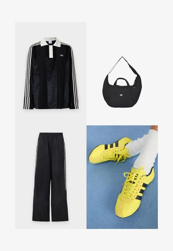 Sort fløjl langærmet polo shirt med en hvid ribbestrikket krave, tre knapper, struktureret front og tre hvide striber på hver ærme.; Sorte trackpants med vide ben, elastisk talje og tre hvide striber på hver side af benene.; Lys gule atletiksko med sorte striber og snørebånd; har en struktureret overdel og suedefornum. Brugt med hvide ribbede sokker.; Sort halvmåneformet Adidas taske med dobbelte håndtag og en justerbar skulderrem, der viser det hvide Adidas trefoil-logo midt for.
