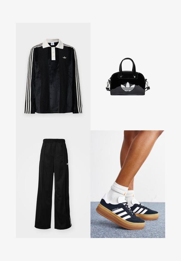 Schwarzes Samt-Poloshirt mit langen Ärmeln und einem weißen gerippten Kragen, drei Knöpfen, strukturiertem Vorderteil und drei weißen Streifen an jedem Arm.; Schwarze weiter Schnitt Jogginghose mit elastischem Bund, mit weißen Seitenstreifen und kleinem Logo auf der linken Hüfte. Glatte Stofftextur.; Beine mit weißen Socken und schwarzen Adidas Gazelle Sneakers mit weißen Streifen und dicken braunen Sohlen auf einem grauen Teppichboden.; Schwarze Handtasche aus Lackleder mit abgerundeter Form, doppelten Tragegriffen, silbernen Akzenten und einem auffälligen weißen Logo auf der Vorderseite.