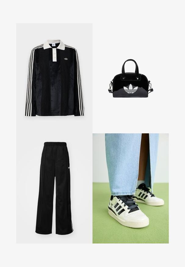Sort fløjl langærmet polo shirt med en hvid ribbestrikket krave, tre knapper, struktureret front og tre hvide striber på hver ærme.; Sorte brede træningsbukser med elastisk talje, prydet med hvide side-striber og et lille logo på venstre hofte. Glat stofstruktur.; Hvide lædersneakers med sorte detaljer og snøre. Har tre sorte striber, en perforeret tå og en tekstureret gummisål.; Sort patentlæder håndtaske med rund form, to top-håndtag, sølvdetaljer og en fremtrædende hvid logo på fronten.