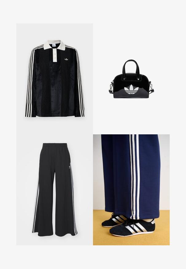 Sort fløjl langærmet polo shirt med en hvid ribbestrikket krave, tre knapper, struktureret front og tre hvide striber på hver ærme.; Sorte bukser med vide ben og elastik i taljen, med tre hvide striber langs ydersiderne og et lille logo foran.; Mørkeblå træningsbukser med tre hvide lodrette striber og sorte sportssko med sølvstriber og en struktureret overflade. Gul gulv.; Sort patentlæder håndtaske med rund form, to top-håndtag, sølvdetaljer og en fremtrædende hvid logo på fronten.