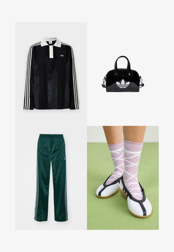 Sort fløjl langærmet polo shirt med en hvid ribbestrikket krave, tre knapper, struktureret front og tre hvide striber på hver ærme.; Mørkegrønne træningsbukser lavet af skinnende materiale, med sidelister i lys grå og et broderet logo på venstre ben.; Ben iført ribbet lilla sokker med hvide krydsede stropper kombineret med hvide balletsko med sort kant på grøn gulv.; Sort patentlæder håndtaske med rund form, to top-håndtag, sølvdetaljer og en fremtrædende hvid logo på fronten.