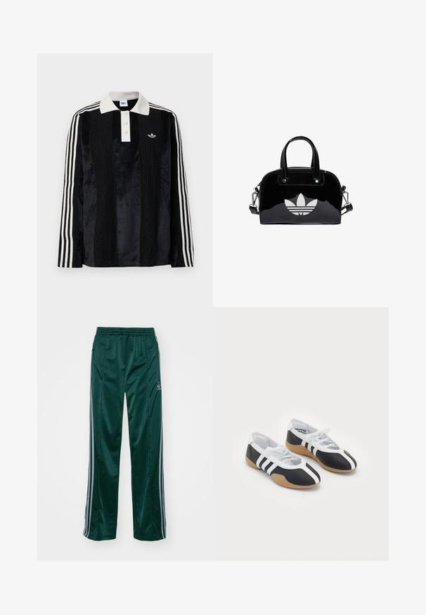 Sort fløjl langærmet polo shirt med en hvid ribbestrikket krave, tre knapper, struktureret front og tre hvide striber på hver ærme.; Mørkegrønne træningsbukser lavet af skinnende materiale, med sidelister i lys grå og et broderet logo på venstre ben.; Sort-hvide sportsko med et slankt design, gummisål, snørebåndslukning og tre hvide striber på siden.; Sort patentlæder håndtaske med rund form, to top-håndtag, sølvdetaljer og en fremtrædende hvid logo på fronten.