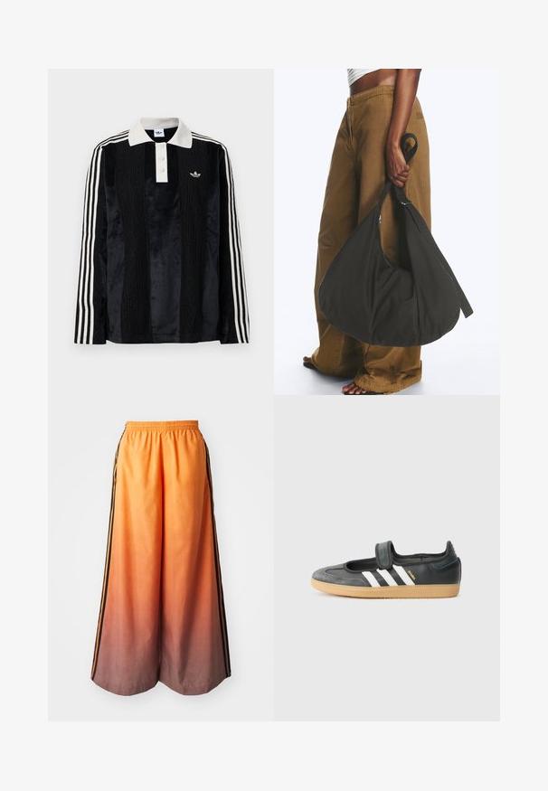 Schwarzes Samt-Poloshirt mit langen Ärmeln und einem weißen gerippten Kragen, drei Knöpfen, strukturiertem Vorderteil und drei weißen Streifen an jedem Arm.; Orangene Gradient-Hosen mit weitem Bein und einem schwarzen Seitestreifen, ausgestattet mit einem elastischen Taillenbund und leichtem Material.; Schwarze Leder- und Wildledersneaker mit einem Klettverschluss, ausgestattet mit drei weißen Streifen und einer Gummisohle, beschriftet mit "SAMBA" an der Seite.; Person trägt braune weite Hose und weißes Oberteil und hält eine große schwarze weiche Handtasche an der Seite am Trageriemen.