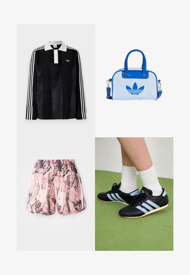 Sort fløjl langærmet polo shirt med en hvid ribbestrikket krave, tre knapper, struktureret front og tre hvide striber på hver ærme.; Lyserøde og brune mønstrede shorts med elastisk talje og sidebånd, der har et grafisk design, der ligner løv og grene.; Sorte lædersportssko med lyseblå striber, teksturerede overdele og gummisko, parret med hvidt ribbet sokker på grønne gulve.; Blå og hvid håndtaske med blank overflade, der har to blå håndtag, en aftagelig skulderrem og en markant blå logo på forsiden.