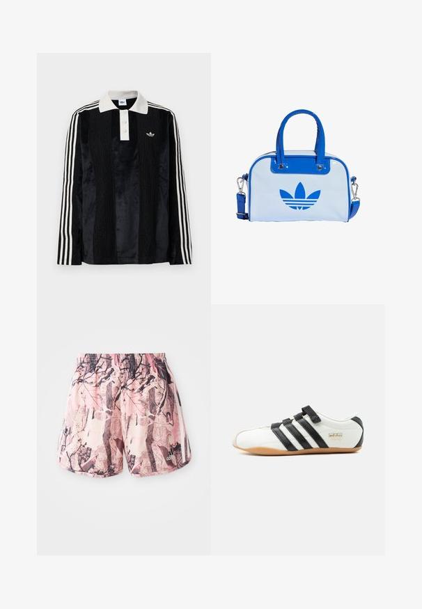 Camisa polo de manga larga de terciopelo negro con un collar acanalado blanco, tres botones, frente texturizado y tres rayas blancas en cada manga.; Shorts de color rosa y marrón con un estampado, un cinturón elástico y franjas laterales, que presentan un diseño gráfico que se asemeja a follaje y ramas.; Zapatilla Adidas Tokyo blanca con rayas negras, correas de velcro negras y suela de goma, vista de lado sobre fondo blanco.; Bolso azul y blanco con acabado brillante, que cuenta con dos asas azules, una correa de hombro desmontable y un prominente logo azul en la parte frontal.