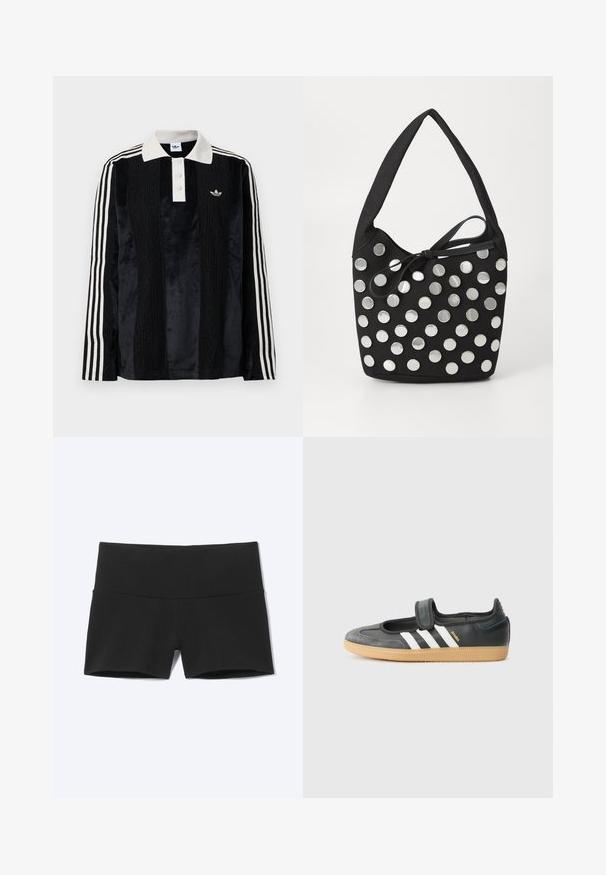 Polo en velours noir à manches longues avec un col côtelé blanc, trois boutons, un devant texturé et trois rayures blanches sur chaque manche.; Shorts de sport noirs moulants avec une large ceinture, conçus pour le confort et la flexibilité.; Sneaker en cuir noir et suède avec une sangle Velcro, arborant trois bandes blanches et une semelle en caoutchouc, étiqueté "SAMBA" sur le côté.; Sac à main en tissu noir, de forme arrondie, orné de clous métalliques ronds en argent disposés en motif, et d'un accent en tissu noué.