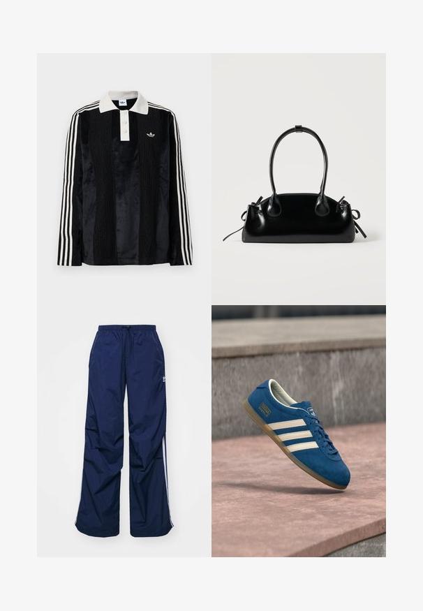 Camisa polo de manga larga de terciopelo negro con un collar acanalado blanco, tres botones, frente texturizado y tres rayas blancas en cada manga.; Pantalones de color azul marino, ligeros, con cintura elástica y cordón ajustable, con franjas blancas laterales y un pequeño logo en la parte delantera. Diseño de corte holgado.; Zapatilla de gamuza azul con rayas y cordones crema, suela de goma color miel, superficie texturizada, puntera redondeada y marca lateral.; Pequeño bolso negro brillante con dos asas largas y detalles de cordón lateral sobre un fondo claro liso.
