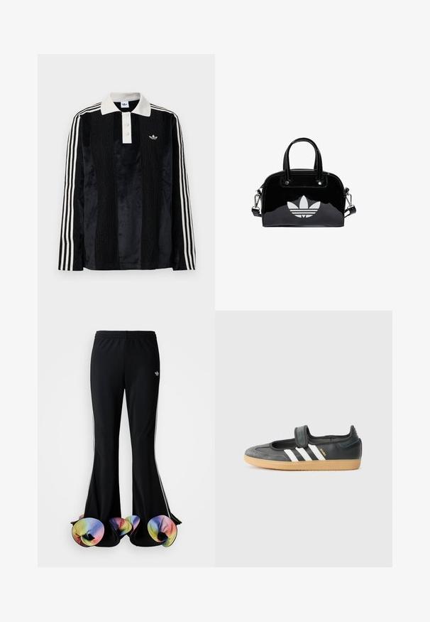 Camisa polo de manga larga de terciopelo negro con un collar acanalado blanco, tres botones, frente texturizado y tres rayas blancas en cada manga.; Pantalones deportivos negros con un diseño acampanado amplio. Cuenta con bajos coloridos y ondulados, y franjas blancas a los lados. Elaborados en tejido elástico.; Zapatilla de deporte de cuero negro y ante con una correa de Velcro, que presenta tres rayas blancas y una suela de goma, etiquetada "SAMBA" en el lateral.; Bolso de mano de charol negro con forma redondeada, dos asas en la parte superior, acentos plateados y un prominente logotipo blanco en la parte delantera.
