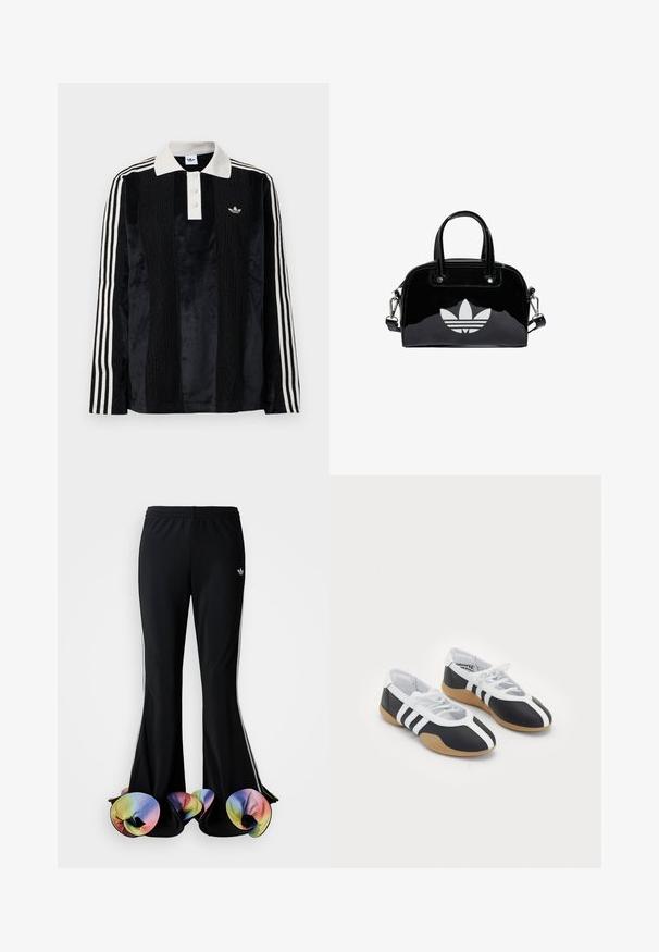 Sort fløjl langærmet polo shirt med en hvid ribbestrikket krave, tre knapper, struktureret front og tre hvide striber på hver ærme.; Sorte træningsbukser med en bred flared design. Har farverige, flæset nederste kanter og hvide sidelister. Lavet af strækstof.; Sort-hvide sportsko med et slankt design, gummisål, snørebåndslukning og tre hvide striber på siden.; Sort patentlæder håndtaske med rund form, to top-håndtag, sølvdetaljer og en fremtrædende hvid logo på fronten.