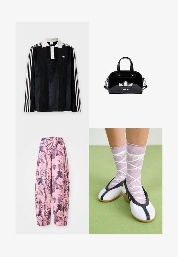 Sort fløjl langærmet polo shirt med en hvid ribbestrikket krave, tre knapper, struktureret front og tre hvide striber på hver ærme.; Lyserøde og lilla mønstrede vide bukser har et blad- og grenmønster, med høj talje og sidelommer for ekstra funktionalitet.; Ben iført ribbet lilla sokker med hvide krydsede stropper kombineret med hvide balletsko med sort kant på grøn gulv.; Sort patentlæder håndtaske med rund form, to top-håndtag, sølvdetaljer og en fremtrædende hvid logo på fronten.