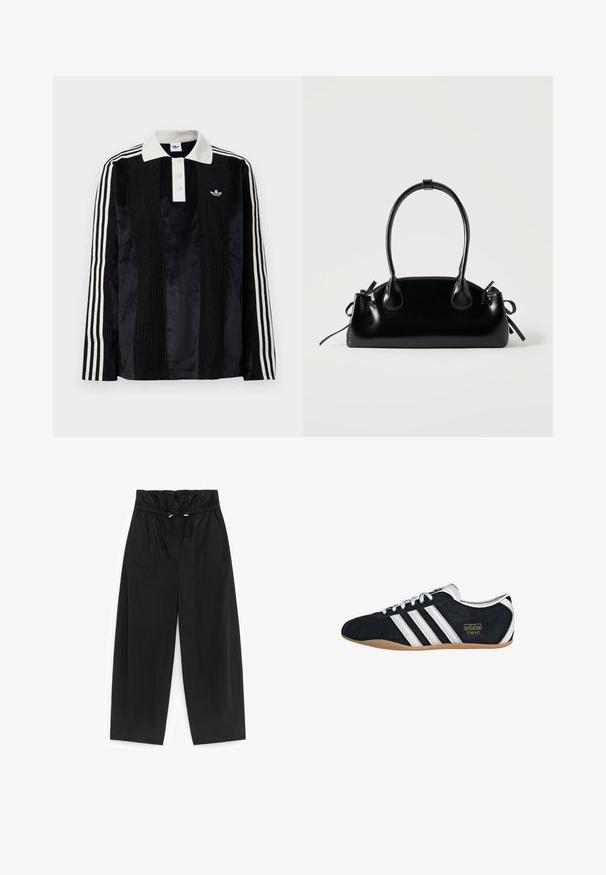 Polo en velours noir à manches longues avec un col côtelé blanc, trois boutons, un devant texturé et trois rayures blanches sur chaque manche.; Pantalon noir à jambes larges avec une taille haute élastique et une fermeture à cordon réglable, en tissu lisse.; Sneakers en suede noir avec trois bandes blanches, logo doré et semelle en caoutchouc marron. Présente un design à lacets à profil bas.; Petit sac à main noir brillant avec deux longues anses et des détails à cordon sur les côtés sur un fond clair uni.