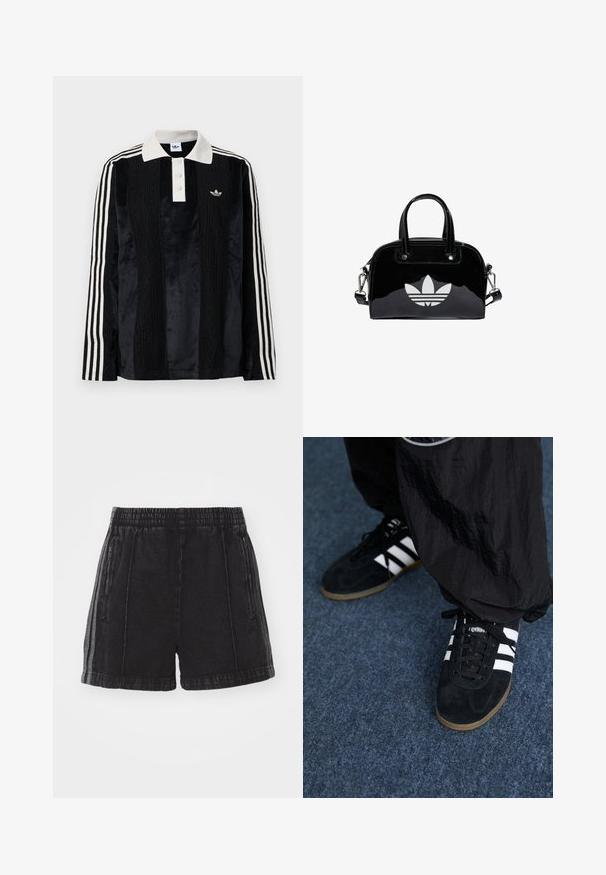 Polo en velours noir à manches longues avec un col côtelé blanc, trois boutons, un devant texturé et trois rayures blanches sur chaque manche.; Shorts en denim noir avec une taille élastique, des poches latérales zippées et des bandes latérales contrastantes. Texture déchirée et longueur au-dessus du genou.; Des chaussures de sport en suède noir avec trois rayures blanches et des lacets noirs. Un pantalon noir texturé est partiellement visible à côté des chaussures.; Sac à main en cuir verni noir de forme arrondie, avec des poignées supérieures doubles, des accents argentés et un logo blanc proéminent à l'avant.