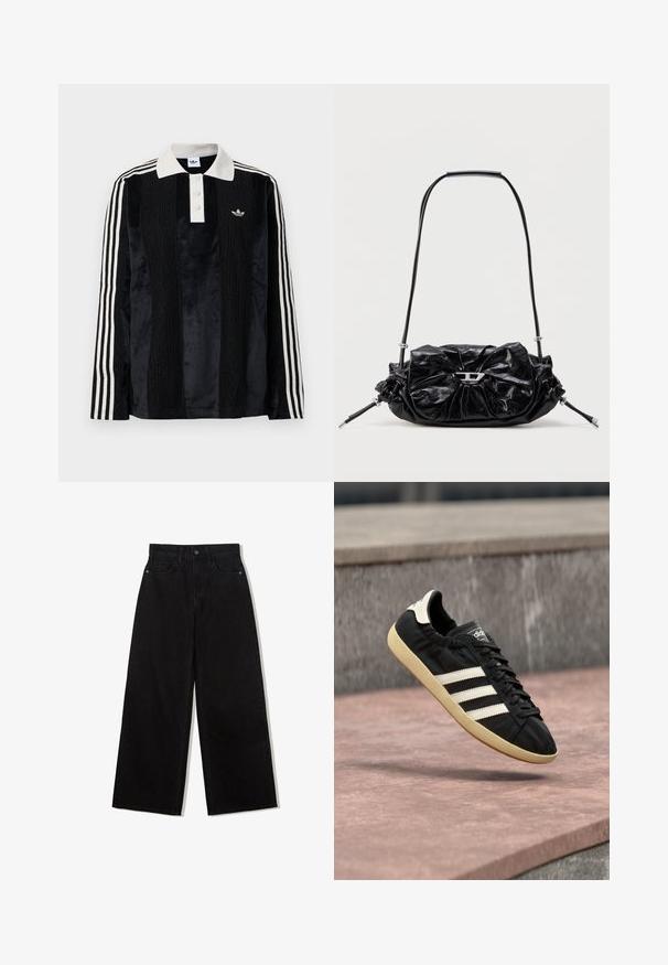 Schwarzes Samt-Poloshirt mit langen Ärmeln und einem weißen gerippten Kragen, drei Knöpfen, strukturiertem Vorderteil und drei weißen Streifen an jedem Arm.; Schwarze, weit geschnittene Jeans aus Denim mit hoher Taille, die ein Fünf-Taschen-Design und einen einzelnen Knopfverschluss vorne aufweist.; Schwarzer Adidas-Sneaker mit weißen Streifen und beiger Sohle, in der Luft über einer steinernen Oberfläche und mit Steinwand im Hintergrund aufgenommen.; Schwarze Lederhandtasche mit gerafftem Design und Schleifendetail auf der Vorderseite. Verfügt über einen kurzen Griff und silberne Hardware-Akzente.