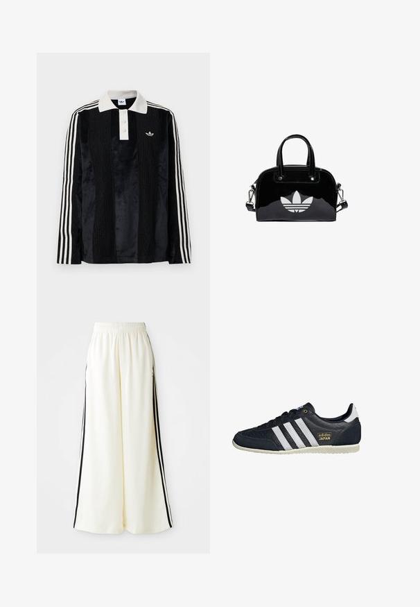 Camisa polo de manga larga de terciopelo negro con un collar acanalado blanco, tres botones, frente texturizado y tres rayas blancas en cada manga.; Pantalones anchos blancos con cintura elástica y rayas verticales negras a lo largo de las costuras exteriores.; Zapatillas de cuero negras con tres rayas blancas, un acabado texturizado, logotipo dorado "adidas JAPAN" y suela de goma con un patrón antideslizante.; Bolso de mano de charol negro con forma redondeada, dos asas en la parte superior, acentos plateados y un prominente logotipo blanco en la parte delantera.