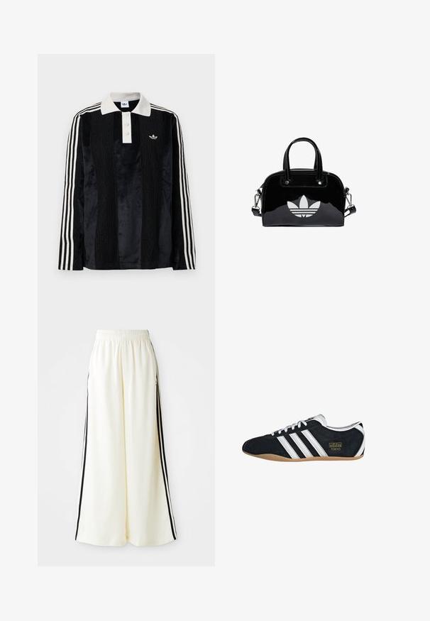 Sort fløjl langærmet polo shirt med en hvid ribbestrikket krave, tre knapper, struktureret front og tre hvide striber på hver ærme.; Hvide løse bukser med elastisk talje og sorte lodrette striber langs yderseams.; Sort ruskinds sneaker med hvide tre striber, guldlogo og en brun gummisål. Har et lavprofil snørebåndsdesign.; Sort patentlæder håndtaske med rund form, to top-håndtag, sølvdetaljer og en fremtrædende hvid logo på fronten.