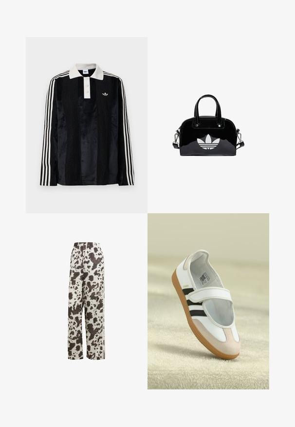 Schwarzes Samt-Poloshirt mit langen Ärmeln und einem weißen gerippten Kragen, drei Knöpfen, strukturiertem Vorderteil und drei weißen Streifen an jedem Arm.; adidas Originals COW PRINT SATIN WIDE LEG - Jogginghose - multicolor off white; Weiße Schuhe mit einer pinken Wildleder-Zehe, schwarzen Streifen und einem Klettverschluss. Sie verfügen über eine tanfarbene Gummisohle und ein Logo an der Seite.; Schwarze Handtasche aus Lackleder mit abgerundeter Form, doppelten Tragegriffen, silbernen Akzenten und einem auffälligen weißen Logo auf der Vorderseite.