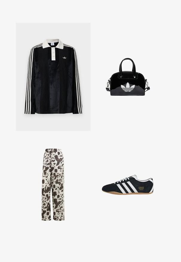 Schwarzes Samt-Poloshirt mit langen Ärmeln und einem weißen gerippten Kragen, drei Knöpfen, strukturiertem Vorderteil und drei weißen Streifen an jedem Arm.; adidas Originals COW PRINT SATIN WIDE LEG - Jogginghose - multicolor off white; Schwarze Wildledersneaker mit drei weißen Streifen, goldenem Logo und brauner Gummisohle. Merkmale ein niedrigprofiliertes Schnürdesign.; Schwarze Handtasche aus Lackleder mit abgerundeter Form, doppelten Tragegriffen, silbernen Akzenten und einem auffälligen weißen Logo auf der Vorderseite.