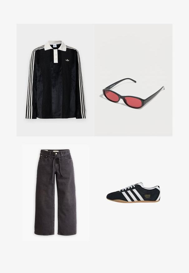 Sort fløjl langærmet polo shirt med en hvid ribbestrikket krave, tre knapper, struktureret front og tre hvide striber på hver ærme.; Sorte vide ben jeans lavet af denim, med snørre i taljen, fem lommer og detaljer med kontrastsyninger. Flad frontdesign.; Sort ruskinds sneaker med hvide tre striber, guldlogo og en brun gummisål. Har et lavprofil snørebåndsdesign.; Sorte ovale solbriller med tynde arme og rødtonede linser, der ligger på en hvid overflade.