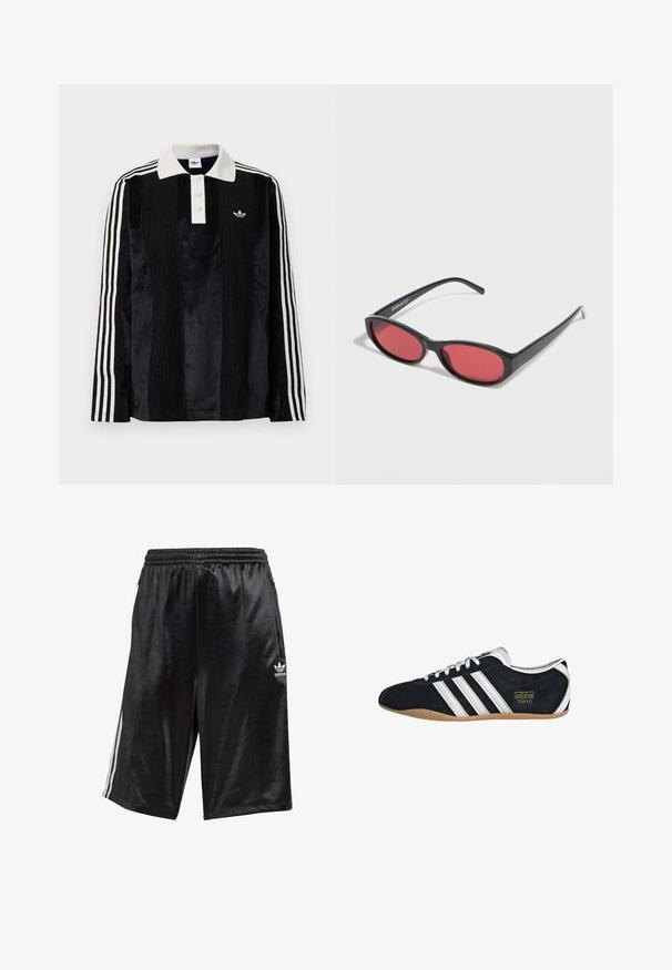 Sort fløjl langærmet polo shirt med en hvid ribbestrikket krave, tre knapper, struktureret front og tre hvide striber på hver ærme.; Sorte atletiske shorts lavet af glat stof, med elastisk talje og snor, sidelommer og tre hvide striber langs siderne.; Sort ruskinds sneaker med hvide tre striber, guldlogo og en brun gummisål. Har et lavprofil snørebåndsdesign.; Sorte ovale solbriller med tynde arme og rødtonede linser, der ligger på en hvid overflade.