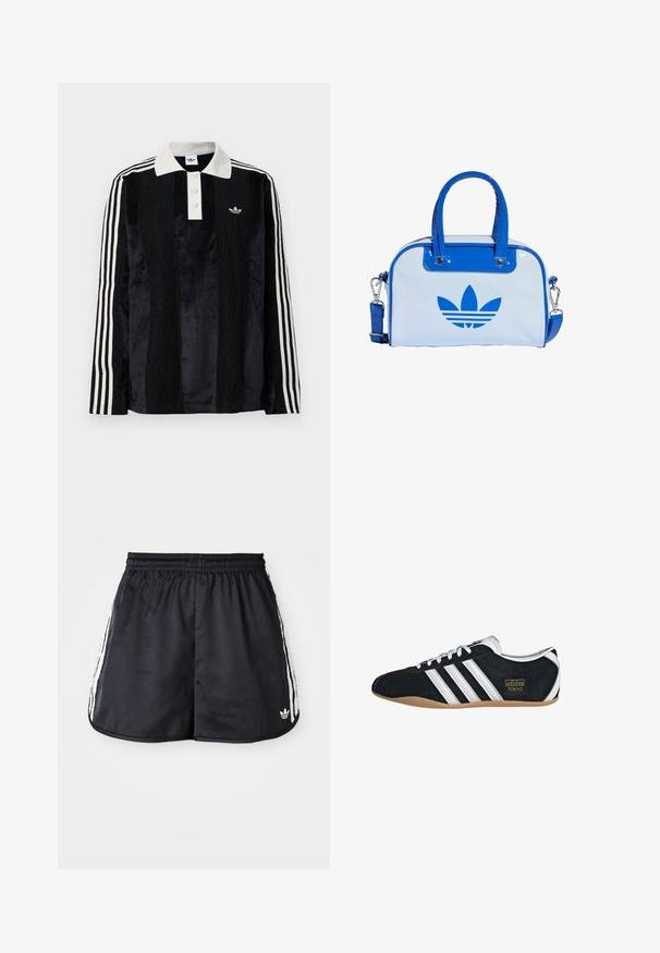 Camisa polo de manga larga de terciopelo negro con un collar acanalado blanco, tres botones, frente texturizado y tres rayas blancas en cada manga.; Bermudas deportivas negras con cintura elástica, detalles de tres rayas blancas a los lados y un pequeño logo en el dobladillo inferior.; Zapatillas de ante negro con tres franjas blancas, logotipo dorado y suela de goma marrón. Presentan un diseño de cordones de perfil bajo.; Bolso azul y blanco con acabado brillante, que cuenta con dos asas azules, una correa de hombro desmontable y un prominente logo azul en la parte frontal.