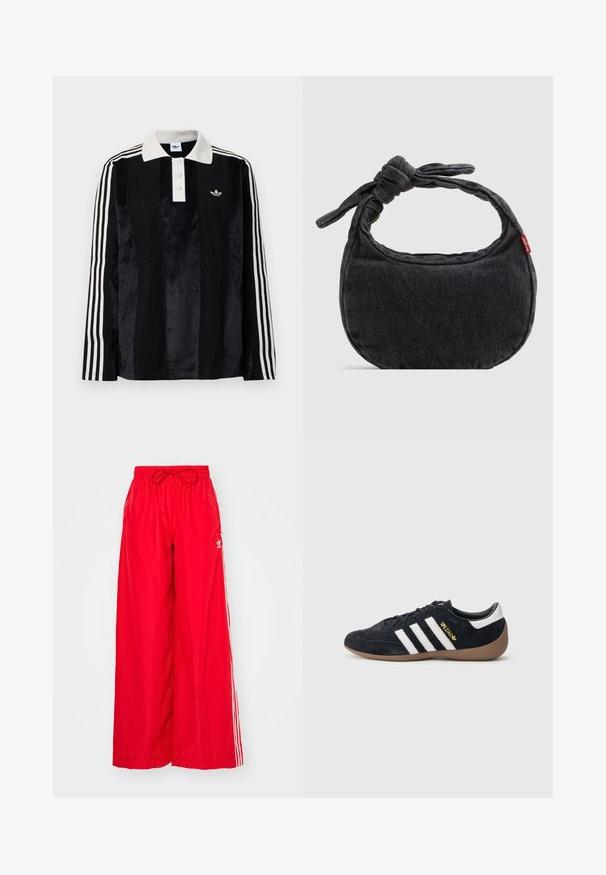 Schwarzes Samt-Poloshirt mit langen Ärmeln und einem weißen gerippten Kragen, drei Knöpfen, strukturiertem Vorderteil und drei weißen Streifen an jedem Arm.; Rote weit geschnittene Hose aus leichtem Stoff, mit weißen Seitenstreifen und einem elastischen Bund mit Kordelzug.; Schwarzer Veloursleder-Sneaker mit drei weißen Streifen, Gummisohle und einem kleinen goldenen Logo an der Seite. Verfügt über ein glattes schwarzes Innenfutter.; Kleine schwarze Jeans-Umhängetasche mit geknotetem Riemen und Reißverschluss, mit einem roten Levi's Stoffetikett an der Seite.