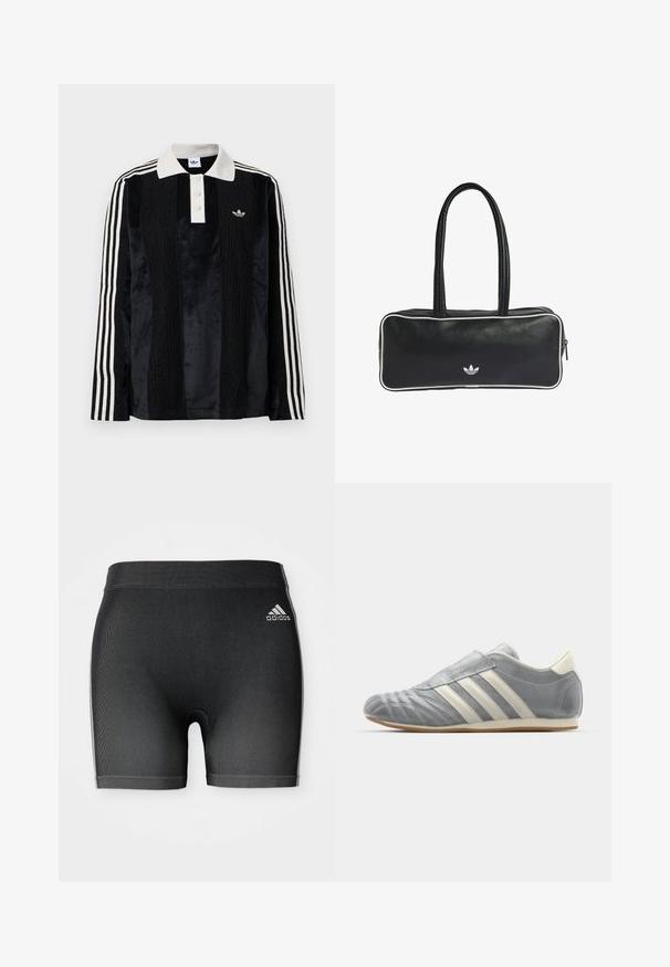 Sort fløjl langærmet polo shirt med en hvid ribbestrikket krave, tre knapper, struktureret front og tre hvide striber på hver ærme.; Sorte atletiske shorts i et struktureret stof, med en elastisk talje og et lille hvidt Adidas-logo på øverste venstre side.; adidas Originals TAEKWONDO W - Sneakers - silver metallic/off white; Sort lædertaske med rektangulær form, der har to håndtag, hvide kanter og et lille hvidt logo på forsiden.