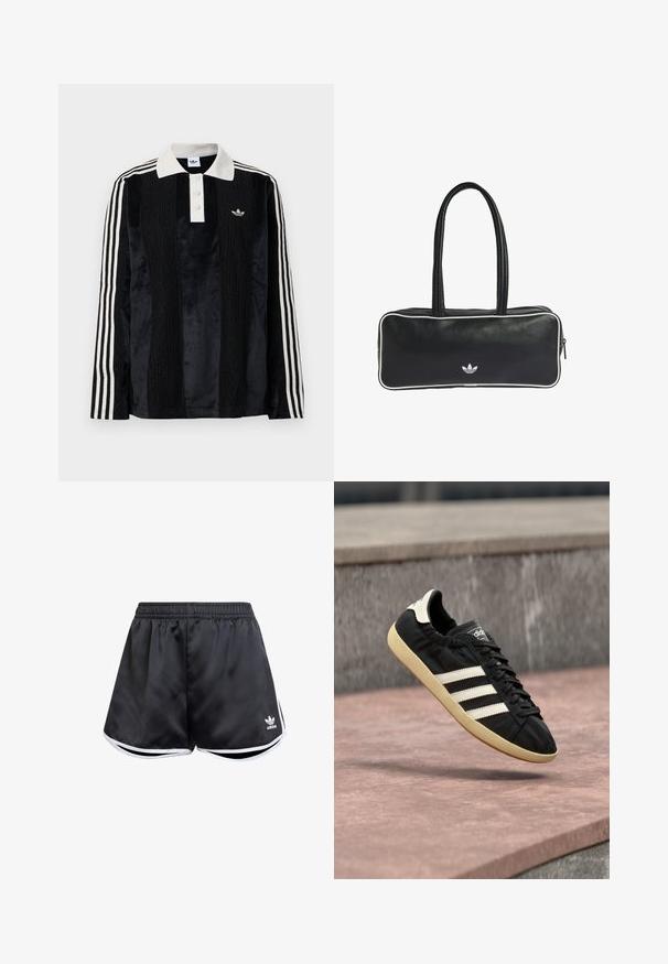 Polo en velours noir à manches longues avec un col côtelé blanc, trois boutons, un devant texturé et trois rayures blanches sur chaque manche.; Shorts de sport noirs en matériau synthétique lisse, avec des accents latéraux blancs et un logo brodé en bas à gauche.; Baskets Adidas noires avec des bandes blanches et une semelle beige, capturées en plein air au-dessus d'une surface en pierre et d'un mur en pierre en arrière-plan.; Sac en cuir noir de forme rectangulaire, avec deux poignées, un liseré blanc et un petit logo blanc à l'avant.