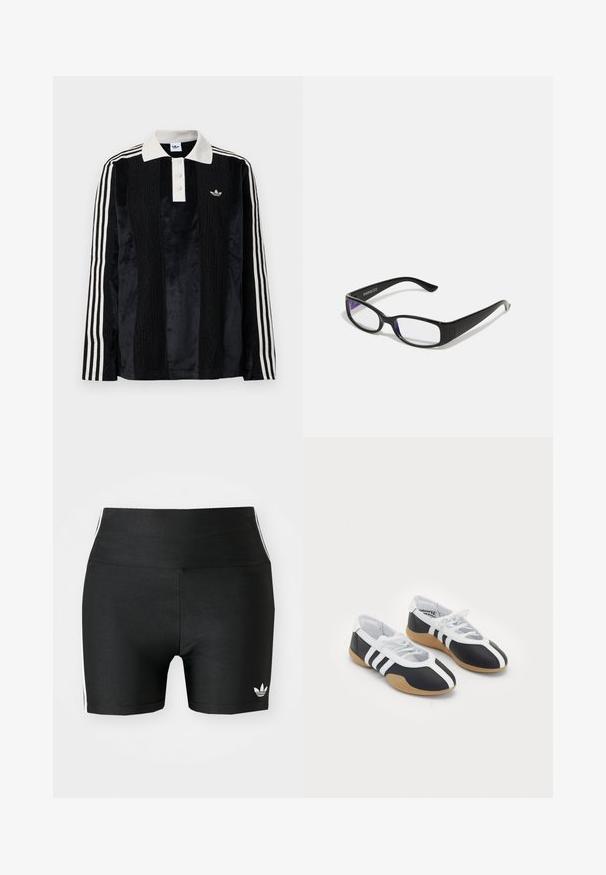 Schwarzes Samt-Poloshirt mit langen Ärmeln und einem weißen gerippten Kragen, drei Knöpfen, strukturiertem Vorderteil und drei weißen Streifen an jedem Arm.; Schwarze Sportshorts aus einem dehnbaren Stoff mit hoher Taille. Sie verfügen über weiße Seitenstreifen und ein kleines weißes Logo am Saum.; Schwarz-weiße Sportschuhe mit einem eleganten Design, Gummisohle, Schnürverschluss und drei weißen Streifen an den Seiten.; Schwarze rechteckige Brille mit klaren Gläsern. Glänzende Oberfläche, schmale Bügel und lila Tönung an den Rändern der Gläser sichtbar.