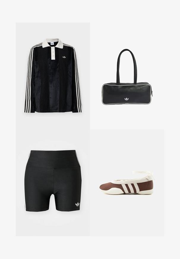 Sort fløjl langærmet polo shirt med en hvid ribbestrikket krave, tre knapper, struktureret front og tre hvide striber på hver ærme.; Sorte atletiske shorts i en strækbar kvalitet med høj talje. Har hvide side-striber og et lille hvidt logo ved sømmen.; Brun og hvid balletflad sko med tre hvide striber og ankelbånds sløjfe på en ensartet lys baggrund.; Sort lædertaske med rektangulær form, der har to håndtag, hvide kanter og et lille hvidt logo på forsiden.
