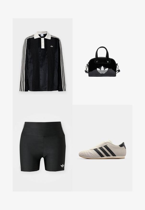 Zwarte fluwelen long-sleeve polo shirt met een witte geribbelde kraag, drie knopen, een textuur aan de voorkant en drie witte strepen op elke mouw.; Zwarte atletische shorts van rekbaar materiaal met een hoge taille. Bevatte witte zijstrepen en een klein wit logo aan de zoom.; Lichtgrijze sneaker met zwarte strepen, ronde neus, glad leren bovenwerk, een klittenbandsluiting en een rubberen zool.; Zwarte gepatenteerde leren handtas met een afgeronde vorm, dubbele handvaten bovenaan, zilveren accenten en een opvallend wit logo aan de voorkant.