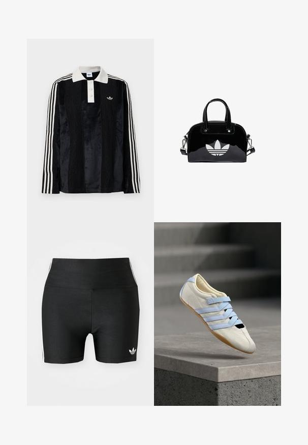 Schwarzes Samt-Poloshirt mit langen Ärmeln und einem weißen gerippten Kragen, drei Knöpfen, strukturiertem Vorderteil und drei weißen Streifen an jedem Arm.; Schwarze Sportshorts aus einem dehnbaren Stoff mit hoher Taille. Sie verfügen über weiße Seitenstreifen und ein kleines weißes Logo am Saum.; Weißer Wildlederschuh mit hellblauen Riemen, schwarzer Kappe und Gummisohle. Verziert mit einem erhabenen Blumenmuster auf dem Obermaterial.; Schwarze Handtasche aus Lackleder mit abgerundeter Form, doppelten Tragegriffen, silbernen Akzenten und einem auffälligen weißen Logo auf der Vorderseite.