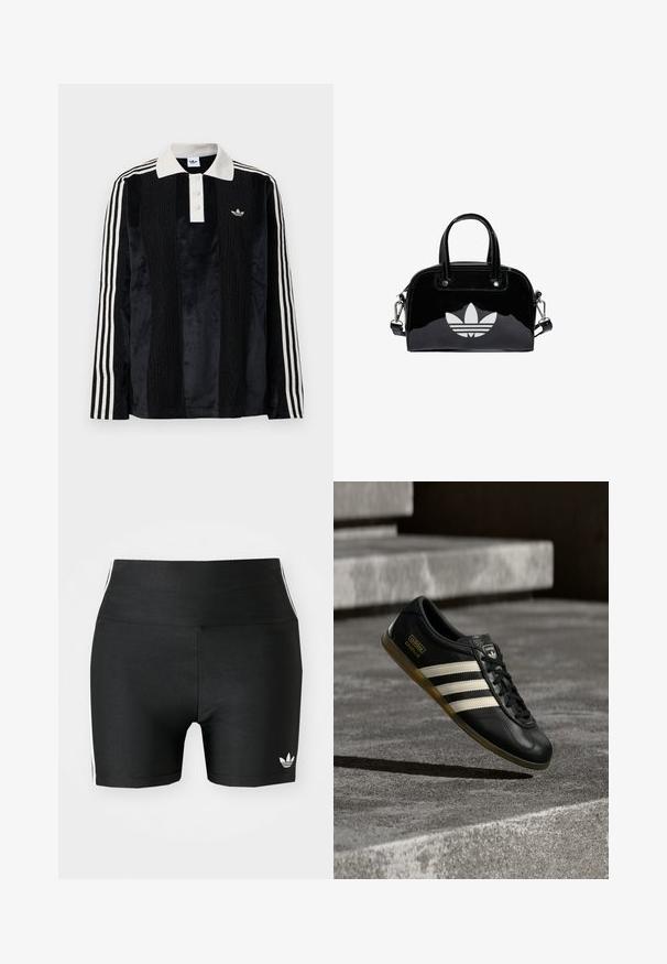Schwarzes Samt-Poloshirt mit langen Ärmeln und einem weißen gerippten Kragen, drei Knöpfen, strukturiertem Vorderteil und drei weißen Streifen an jedem Arm.; Schwarze Sportshorts aus einem dehnbaren Stoff mit hoher Taille. Sie verfügen über weiße Seitenstreifen und ein kleines weißes Logo am Saum.; Schwarzer Leder-Sneaker mit weißem Drei-Streifen-Design, strukturierten Akzenten, schwarzen Schnürsenkeln und einer Gummisohle. Markenlogo auf der Zunge sichtbar.; Schwarze Handtasche aus Lackleder mit abgerundeter Form, doppelten Tragegriffen, silbernen Akzenten und einem auffälligen weißen Logo auf der Vorderseite.