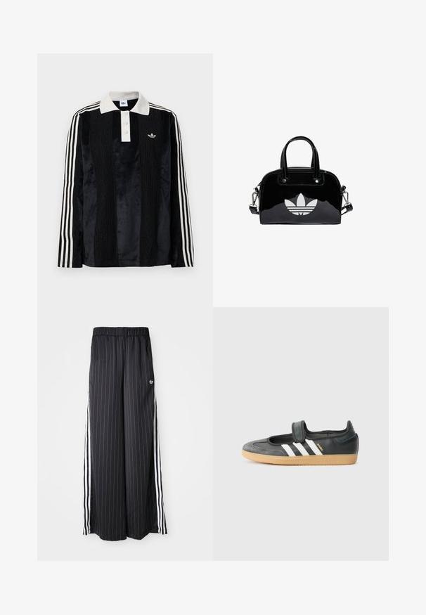 Camisa polo de manga larga de terciopelo negro con un collar acanalado blanco, tres botones, frente texturizado y tres rayas blancas en cada manga.; Pantalones negros de pierna ancha con rayas blancas verticales, cinturilla elástica y tres rayas blancas a lo largo del lado. Logo de Adidas en la parte frontal.; Zapatilla de deporte de cuero negro y ante con una correa de Velcro, que presenta tres rayas blancas y una suela de goma, etiquetada "SAMBA" en el lateral.; Bolso de mano de charol negro con forma redondeada, dos asas en la parte superior, acentos plateados y un prominente logotipo blanco en la parte delantera.