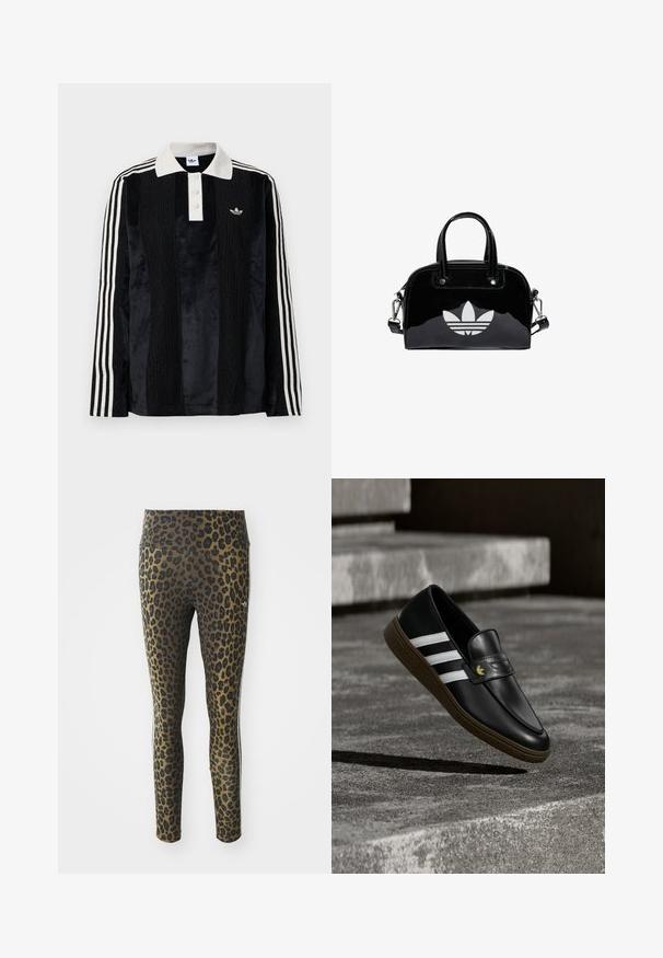 Sort fløjl langærmet polo shirt med en hvid ribbestrikket krave, tre knapper, struktureret front og tre hvide striber på hver ærme.; Pletterede leggings med høj talje, strækbart stof og sorte accenter på en lys brun bund, designet til komfort og pasform.; Sort læderloafer med hvide striber og brun sål, placeret oven på betonstrin, der kaster en skygge på jorden.; Sort patentlæder håndtaske med rund form, to top-håndtag, sølvdetaljer og en fremtrædende hvid logo på fronten.