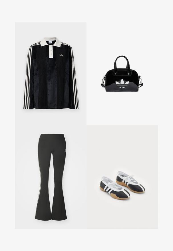 Polo en velours noir à manches longues avec un col côtelé blanc, trois boutons, un devant texturé et trois rayures blanches sur chaque manche.; Leggings évasés noirs en tissu extensible, dotés d'une taille haute et de rayures blanches sur les côtés. Comprend un petit logo à la taille.; Baskets de sport noir et blanc au design élégant, semelle en caoutchouc, fermeture à lacets et trois rayures blanches sur les côtés.; Sac à main en cuir verni noir de forme arrondie, avec des poignées supérieures doubles, des accents argentés et un logo blanc proéminent à l'avant.