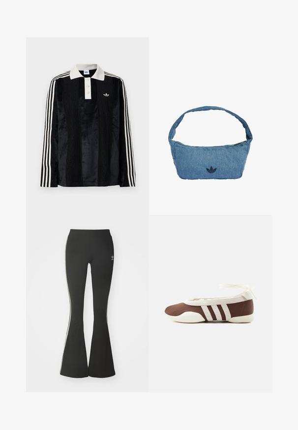 Camisa polo de manga larga de terciopelo negro con un collar acanalado blanco, tres botones, frente texturizado y tres rayas blancas en cada manga.; Leggings acampanados negros de tejido elástico, con una cintura alta y rayas laterales blancas. Incluye un pequeño logo en la cintura.; Zapato plano de ballet marrón y blanco con tres franjas blancas y lazo para atar en el tobillo sobre un fondo claro y sencillo.; Bolso de hombro de mezclilla en azul claro con un logo bordado en azul oscuro. Cuenta con una correa ancha y suave y un cierre superior con cremallera.