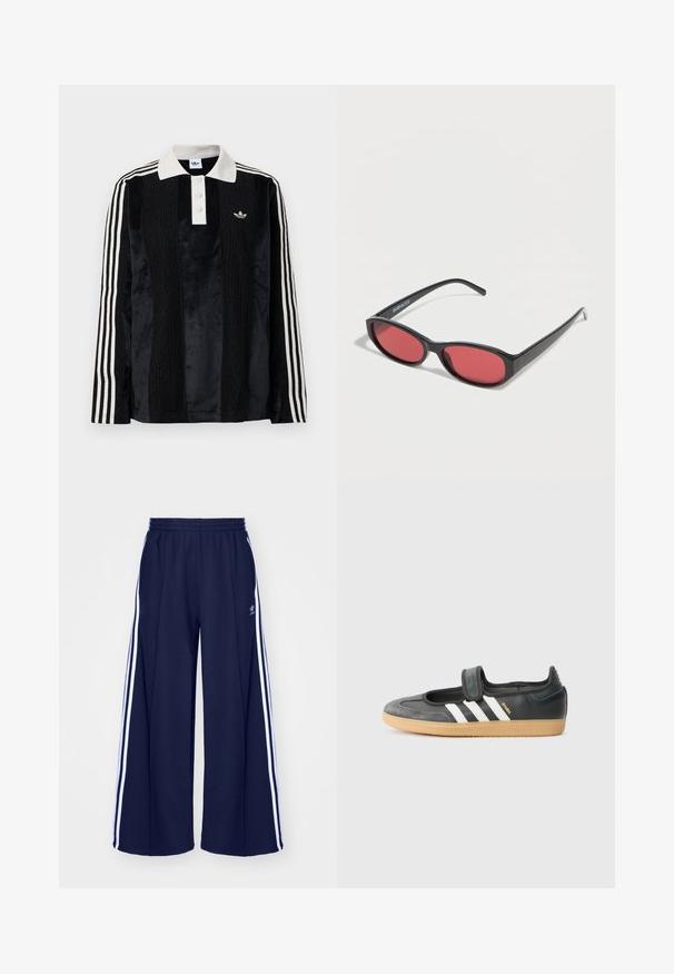 Sort fløjl langærmet polo shirt med en hvid ribbestrikket krave, tre knapper, struktureret front og tre hvide striber på hver ærme.; adidas Originals PANT - Træningsbukser - night indigo; Sort læder- og ruskinds sneakers med en Velcro-rem, der har tre hvide striber og en gummisål, mærket "SAMBA" på siden.; Sorte ovale solbriller med tynde arme og rødtonede linser, der ligger på en hvid overflade.