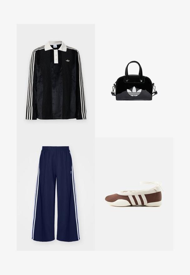 Sort fløjl langærmet polo shirt med en hvid ribbestrikket krave, tre knapper, struktureret front og tre hvide striber på hver ærme.; adidas Originals PANT - Træningsbukser - night indigo; Brun og hvid balletflad sko med tre hvide striber og ankelbånds sløjfe på en ensartet lys baggrund.; Sort patentlæder håndtaske med rund form, to top-håndtag, sølvdetaljer og en fremtrædende hvid logo på fronten.