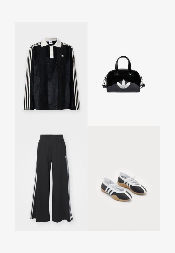 Sort fløjl langærmet polo shirt med en hvid ribbestrikket krave, tre knapper, struktureret front og tre hvide striber på hver ærme.; Sorte bukser med vide ben og elastik i taljen, med tre hvide striber langs ydersiderne og et lille logo foran.; Sort-hvide sportsko med et slankt design, gummisål, snørebåndslukning og tre hvide striber på siden.; Sort patentlæder håndtaske med rund form, to top-håndtag, sølvdetaljer og en fremtrædende hvid logo på fronten.