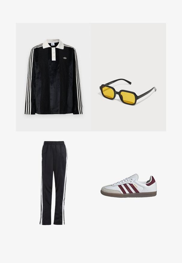 Camisa polo de manga larga de terciopelo negro con un collar acanalado blanco, tres botones, frente texturizado y tres rayas blancas en cada manga.; Pantalones deportivos negros con rayas laterales blancas, cintura elástica y parche con logo. Fabricados con una tela suave y ligera. Diseño de pierna recta.; Zapatilla blanca de caña baja Adidas Samba con rayas granate, puntera de ante beige y suela de goma.; Gafas de sol negras rectangulares con lentes amarillos. Presentan montura gruesa y un diseño angular con un acabado liso y brillante.