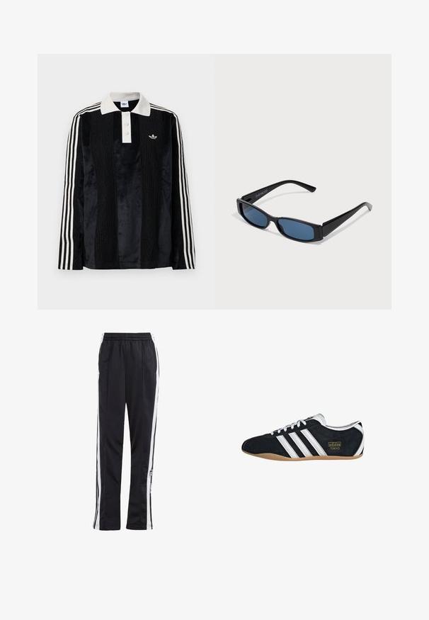 Camisa polo de manga larga de terciopelo negro con un collar acanalado blanco, tres botones, frente texturizado y tres rayas blancas en cada manga.; Pantalones deportivos negros con rayas laterales blancas, cintura elástica y parche con logo. Fabricados con una tela suave y ligera. Diseño de pierna recta.; Zapatillas de ante negro con tres franjas blancas, logotipo dorado y suela de goma marrón. Presentan un diseño de cordones de perfil bajo.; Gafas de sol negras con una elegante montura rectangular y lentes azules. Presentan una textura suave y varillas resistentes. Logo de la marca en el costado.