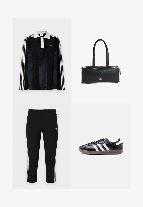 Sort fløjl langærmet polo shirt med en hvid ribbestrikket krave, tre knapper, struktureret front og tre hvide striber på hver ærme.; Sorte korte leggings med hvide tre-stribede sidelommer og lille Adidas trefoil-logo på venstre lår.; Lavprofils sort sneaker med tekstureret slangeskindsmønster, hvide striber på siden, sorte snørebånd og en gennemsigtig brun sål.; Sort lædertaske med rektangulær form, der har to håndtag, hvide kanter og et lille hvidt logo på forsiden.
