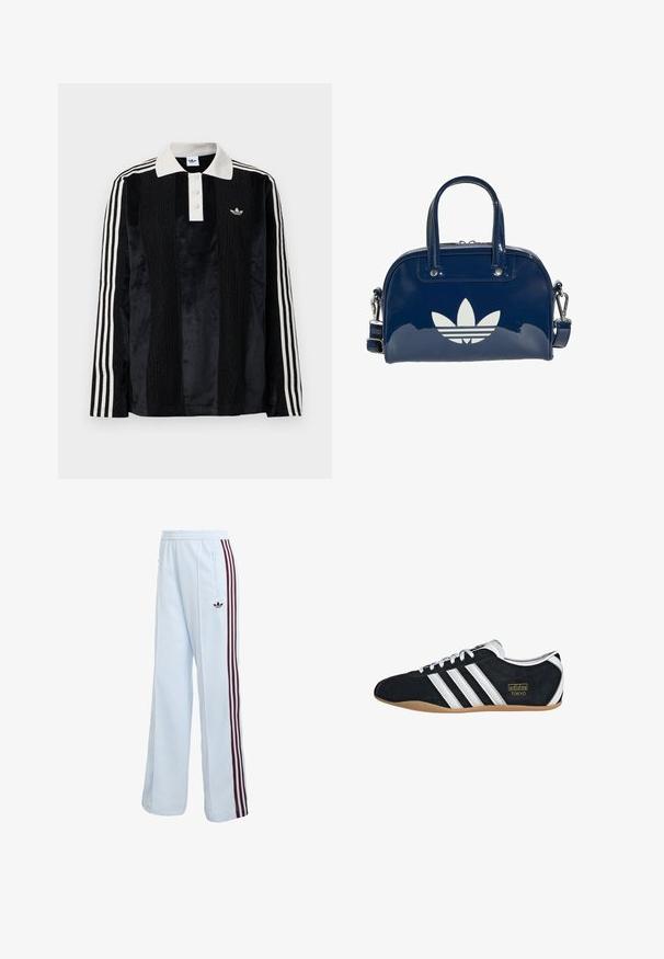 Sort fløjl langærmet polo shirt med en hvid ribbestrikket krave, tre knapper, struktureret front og tre hvide striber på hver ærme.; Lyseblå atletikbukser med en afslappet pasform, der har vinrøde striber på siden og en broderet logo på hoften. Inkluderer en lynlåslomme.; Sort ruskinds sneaker med hvide tre striber, guldlogo og en brun gummisål. Har et lavprofil snørebåndsdesign.; Skinnende mørkeblå håndtaske med dobbelte håndtag og justerbar rem, med en stor hvid Adidas trefoil-logo på forsiden.