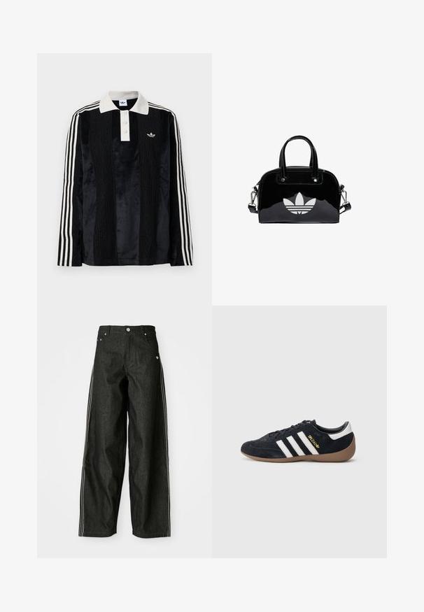 Sort fløjl langærmet polo shirt med en hvid ribbestrikket krave, tre knapper, struktureret front og tre hvide striber på hver ærme.; Sorte denim bukser med brede ben og hvide sider, der har forlommer, knaplukning og et diskret logo nær taljen.; Sort ruskindssneaker med tre hvide striber, gummisål og et lille gyldent logo på siden. Har en glat sort foring indvendigt.; Sort patentlæder håndtaske med rund form, to top-håndtag, sølvdetaljer og en fremtrædende hvid logo på fronten.
