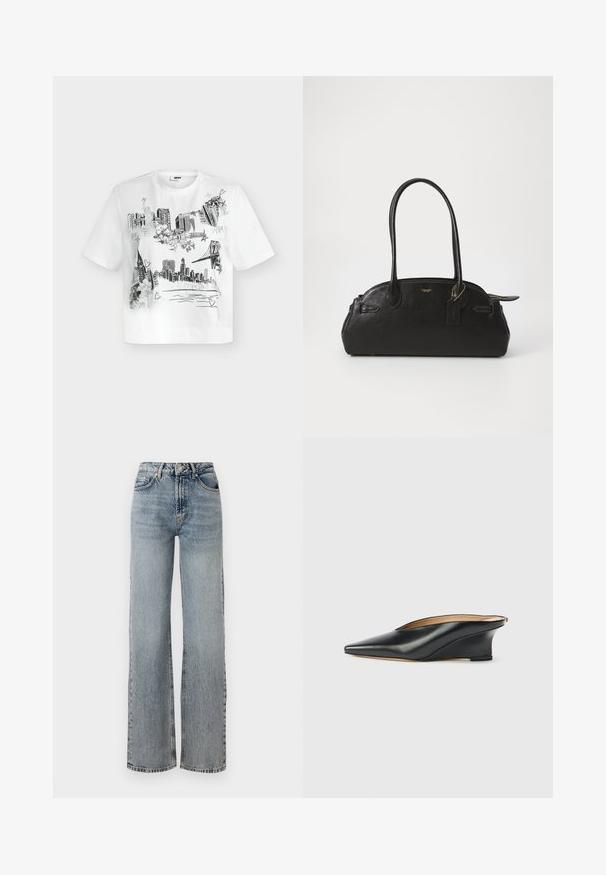 Hvid T-shirt med korte ærmer med sorte skitseagtige tegninger af bylandskaber, broer og ikoniske bygninger, herunder Frihedsgudinden.; Lyseblå denimjeans med høj talje, vidde ben, falmet finish og diskret slidte detaljer. Klassisk fem-lomme stil.; Sort laklæder kilehæl sko med spids tå og åben hæl, der har et elegant, buet design og minimalistisk stil.; Sort læderhåndtaske i rund form, med to lange håndtag, guldfarvet hardware og et lille mærke vedhæftet. Lynlåslukning på toppen.