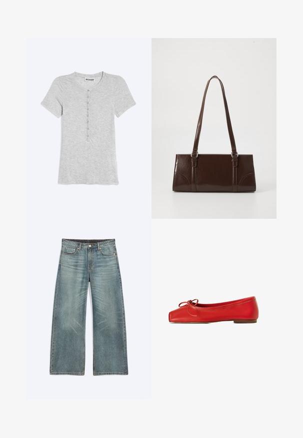 Lysgrå T-shirt med korte ærmer, rund hals og en lodret række af små knapper foran, lagt fladt på en ensfarvet baggrund.; Blå vidde jeans med forlommer, bæltestropper, knaplukning og subtile falmede detaljer på lår og knæ.; Røde læder balletflade sko med firkantet tå, dekoreret sløjfe på forsiden og en lav, rund hæl. Glat tekstur og enkelt design.; Brun lakeret håndtaske med rektangulær form, to lange håndtag og subtile buede detaljer på fronten.