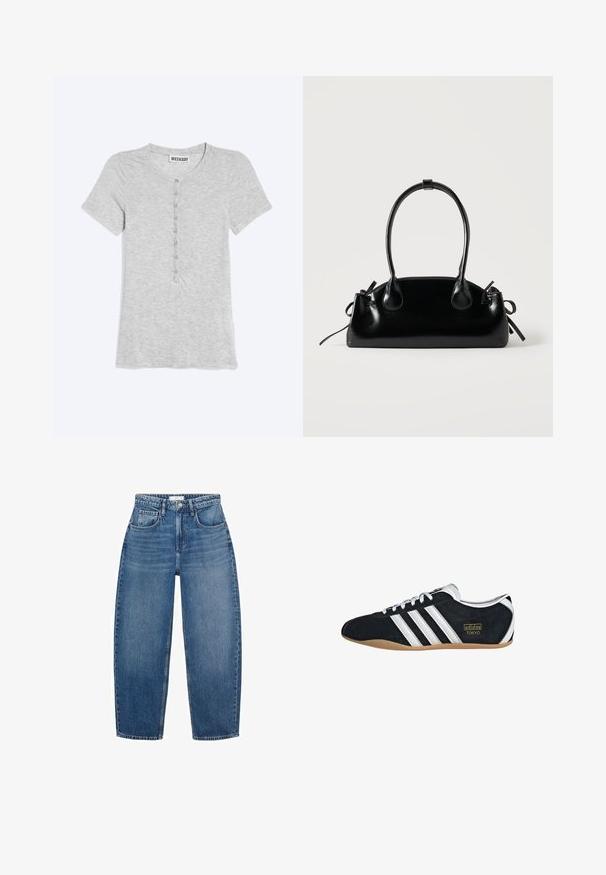 Lichtgrijs T-shirt met korte mouwen, ronde hals en een verticale rij kleine knoopjes aan de voorkant, plat neergelegd op een effen achtergrond.; Hoge taille blauwe denim jeans met een rechte pijp, voorzien van vijf zakken, riemlussen en subtiele vervaging voor extra textuur.; Zwarte suède sneaker met witte drie strepen, gouden logo en een bruine rubberen zool. Heeft een laag profiel vetersluiting ontwerp.; Kleine zwarte glanzende handtas met twee lange hengsels en zijkant trekkoord details op een effen lichte achtergrond.