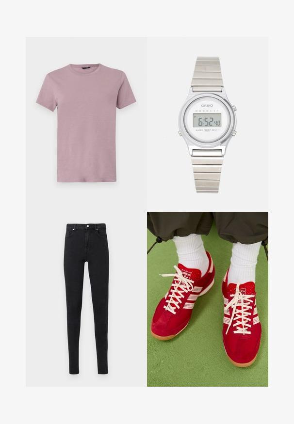 Herren T-Shirt mit Rundhalsausschnitt in hellen Mauve, aus weichem Stoff. Kurze Ärmel, normale Passform, mit glatter Textur und ohne sichtbare Muster.; Schwarze, hoch taillierte Skinny-Jeans mit vorderen Taschen, Gürtelschlaufen und Knopfverschluss vor einem schlichten hellen Hintergrund.; Rote Wildleder- und Mesh-Sportschuhe mit weißen Streifen und Schnürsenkeln. Gummisohle. Getragen mit weißen gerippten Socken auf einer grünen strukturierten Oberfläche.; Digitaluhr von Casio mit einem silbernen Metallarmband und rundem Gehäuse. Verfügt über ein weißes Zifferblatt mit LCD-Display, das die Uhrzeit 6:52 anzeigt. Wasserdicht.