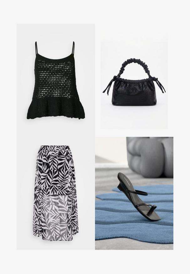 Top de tirantes negro de punto con un diseño de crochet suelto, tirantes finos y un dobladillo inferior acampanado para dar forma y textura adicionales.; Falda de patrón de hojas en blanco y negro, hecha de un tejido ligero y texturizado, con cintura elástica y diseño de longitud de suelo.; Sandalia negra con tiras y lazo para el dedo en una alfombra texturizada azul, con un gran objeto decorativo gris desenfocado en el fondo.; Bolso negro con textura de cocodrilo, borde superior fruncido, asa recogida y cordones con borlas en cada lado sobre un fondo blanco.